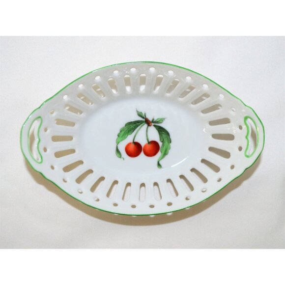 Bergdorf Goodman Porcelain Trinket Dish Hand Painted Cherry Themed With Gift Box - Picture 8 of 12